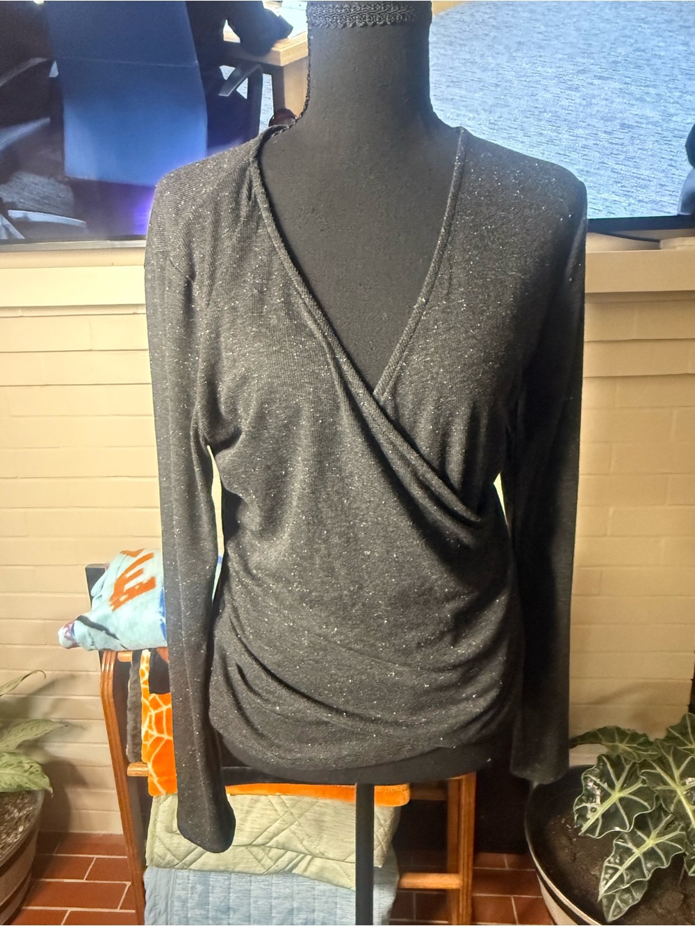 Black Sparkle Wrap-Style Women's Top